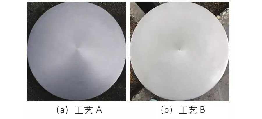 兩種工藝鍛制的φ150mm規格TA22成品棒材的橫向低倍組織 兩種工藝鍛制的φ150mm規格TA22成品棒材的橫向低倍組織